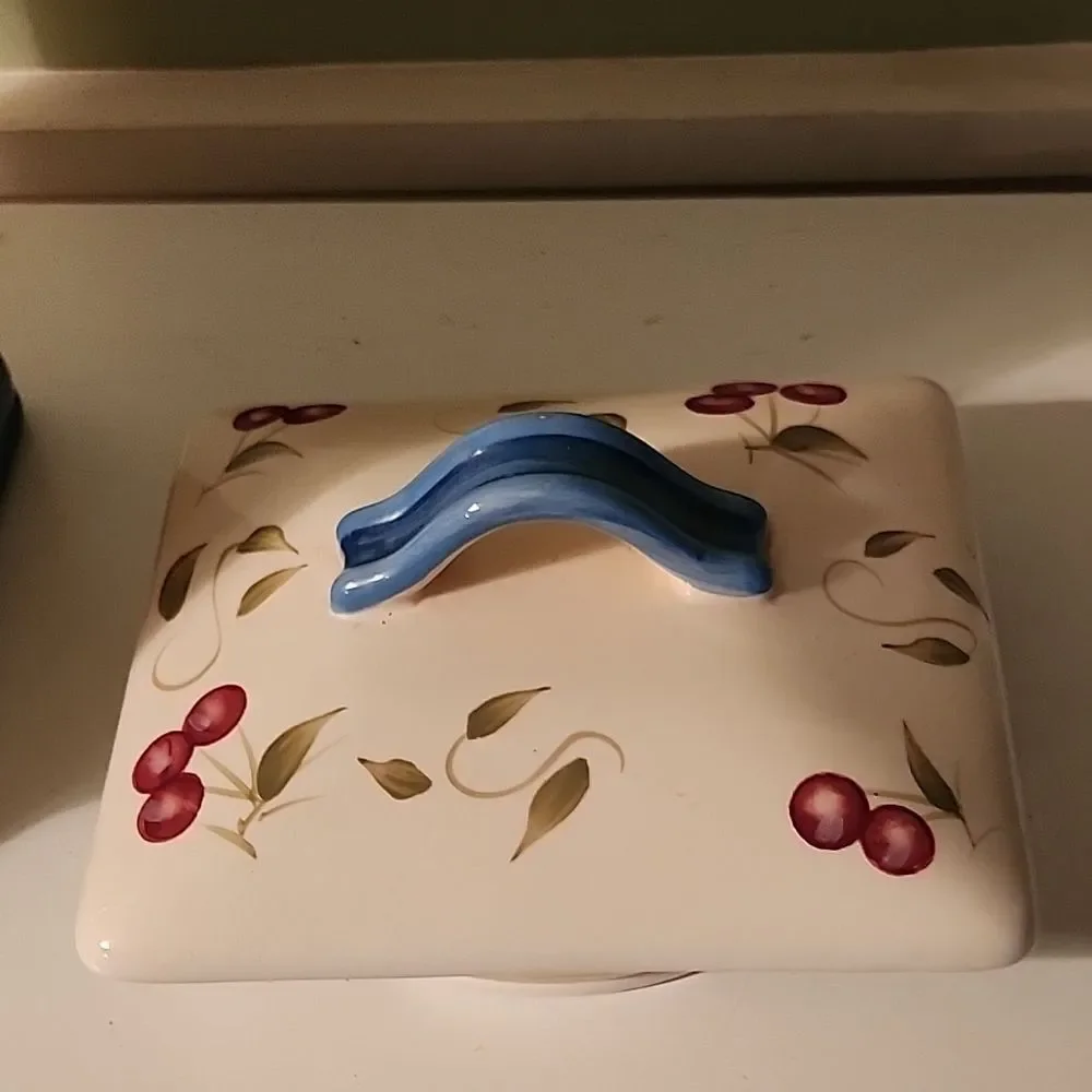 Cherry Pattern Ceramic Canister with Blue Accents